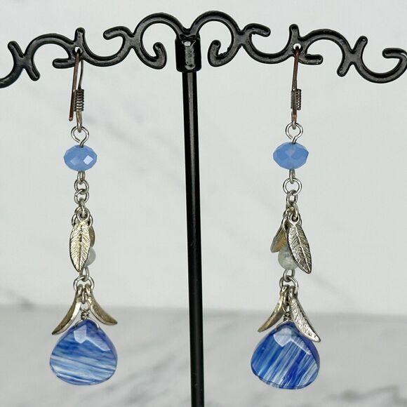 Blue Beaded Dangle Drop Earrings Pierced Pair - Picture 3 of 4